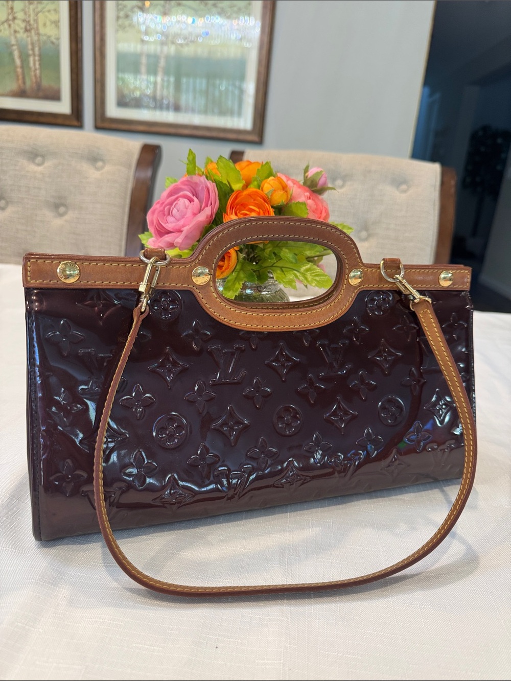 Authentic Louis Vuitton Brown Vernis Patent Leather Roxbury Shoulder Bag